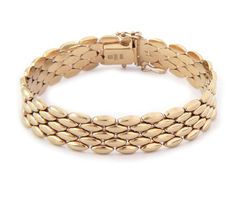 Hallmark: 585t Italy   Material:  14k yellow gold Measurement:  7.5" long x 0.55" wide x 0.11" high Weight:  29.9 grams This is an elegant Estate bracelet, crafted from 14k yellow gold featuring 5 rows with marquise shape links on a 13mm wide flex band. It secure with a push in clasp and has a latch for added security. The clasp has the 585 gold content stamp. 26244 Wedding Jewelry Bracelets, Wedding Bracelet, Gold Stars, Bracelet Making, Diamond Bracelet, Hallmark, The Row, Wedding Jewelry, Gold Bracelet