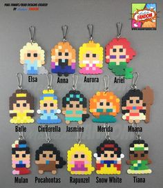 an assortment of pixel keychains with different characters on them