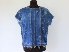 This boro ripped denim top made is amazing art thing, OOAK style.  Designer blue short shirt is unisex for woman or man. Measurements: Length - 22 inches - 56 cm Underarm to underarm - 21.5 inches - 55 cm Width at the bottom - 21.5 inches - 55 cm Width at the top - 24 inches - 61 cm The material is thoroughly cleaned and restored. Created in a pet-free and smoke-free home! There may be some color discrepancies which is due to the different monitor settings. More art denim patchwork clothing plea Blue Denim Top, Patchwork Clothing, Bleached Jeans, Denim Projects, Jean Shirt, Shirt Art, Long Jeans, Recycled Denim, Denim Patchwork