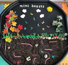 a black tray filled with dirt and plants on top of a wooden table covered in magnets