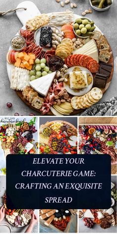 an assortment of cheeses and crackers on a platter with the words elevate your charcuterie game crafting an exquisite spread