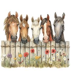 three horses standing behind a wooden fence with daisies