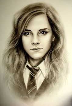 a pencil drawing of a girl with long hair wearing a tie and looking at the camera