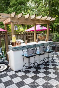 an outdoor bar with chairs and umbrellas