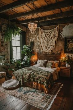 a bed room with a neatly made bed and lots of greenery on the wall