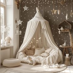 a white canopy bed in a room with stars on the wall and lights hanging from the ceiling