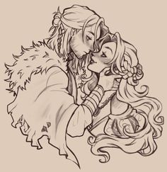 a drawing of a woman kissing a man's face with long hair and an animal tail