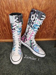 (eBay) These are calf high X-HI tall shoes. They have a vibrant pink and blue patchwork design, with stars, plaid, hearts, and more. These are harder to find style and design. These are in good pre-owned condition. Tall Shoes, Vintage Converse, Custom Sneakers, Patchwork Designs, Converse All Star, Nike Dunks, Converse Chuck Taylor High Top Sneaker, Converse High Top Sneaker, Kids Clothing