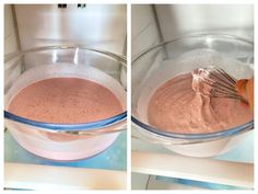 two pictures showing how to make chocolate frosting in a mixing bowl with a whisk