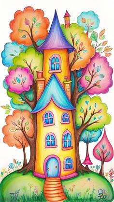 a drawing of a house in the woods with trees and flowers on it's side