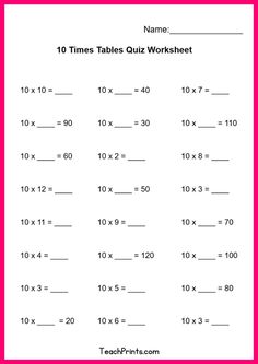 the times tables quiz worksheet is shown in red and white with pink border