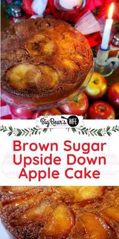 brown sugar upside down apple cake on a plate with candles and flowers in the background