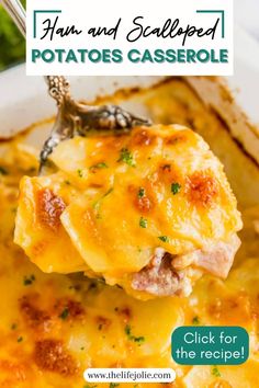 a spoonful of ham and cheese casserole with the title text above it