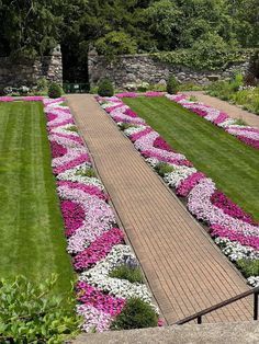 a garden with pink and white flowers in the center, surrounded by green lawning