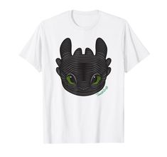 a white t - shirt with an image of a black cat's head and green eyes