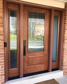 Fiberglass wood door with two side lights Glass Front Door Privacy, Stained Front Door, Exterior House Doors, Modern Front Porches, Exterior Door Colors, Fiberglass Entry Doors, Door Replacement, Fiberglass Door, Privacy Glass