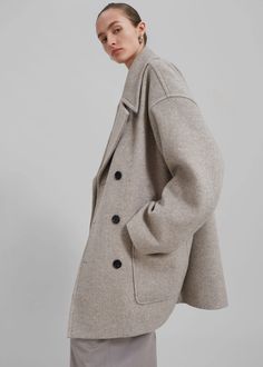 Calgary Oversized Wool Peacoat - Beige – The Frankie Shop Oversized Wool Blazer For Winter, Double-breasted Wool Coat With Pockets For Work, Double-breasted Wool Coat For Work With Pockets, Oversized Long Wool Coat With Buttons, Double-breasted Wool Outerwear With Pockets, Oversized Pea Coat With Buttons For Fall, Chic Oversized Outerwear With Welt Pockets, Chic Wool Button-up Outerwear, Oversized Wool Blazer For Fall