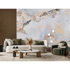 a living room with marble walls and furniture