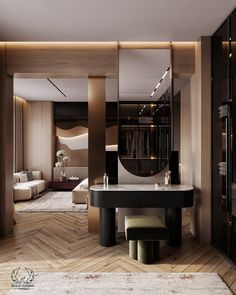 a bathroom with a large mirror, sink and stools in it's center