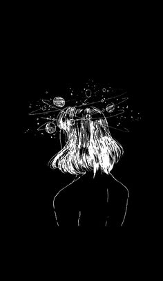 a black and white drawing of a woman's head with bubbles coming out of her hair