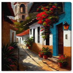 an oil painting of a street with flowers on the windows and door to another building