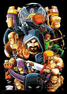 an old school video game poster with many different characters and their names on it's black background