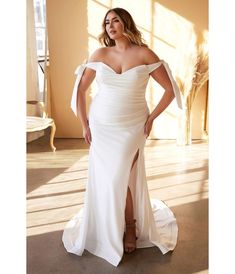 Plus Size White Off The Shoulder Trumpet Bridal Gown - Unique Vintage - Womens, DRESSES, PROM AND SPECIAL OCCASION Trumpet Bridal Gown, Fitted Wedding Gown, Satin Bridal Gowns, Beautiful Long Dresses, Cinderella Divine, Off Shoulder Gown, Bridal Gowns Mermaid, Plus Size Gowns, Unique Prom Dresses