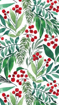 a watercolor painting of berries and leaves