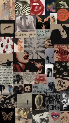 collage of various images with words and pictures on the bottom right hand corner, including an image of a woman's face