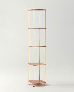 a wooden shelf with three shelves on wheels and one is gold, the other has pink shelving