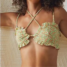 Ivory Combo This Sweet Bandeau Bra Features A Ruched, Ruffle-Adorned Silhouette With Front Keyhole Detailing And Smocked Back Band For Effortless Ease. Also Features Adjustable/Removable Straps! 100% Rayon Spring Vacation Swimwear With Crisscross Straps, Green Halter Top With Built-in Bra For Summer, Spring Swimwear With Crisscross Straps, Summer Swimwear With Crisscross Straps For Spring, Summer Halter Top With Built-in Bra For Spring, Spring Green Swimwear With Straps, Green Halter Top With Built-in Bra For Beach Season, Summer Halter Top With Crisscross Straps For Poolside, Summer Bandeau Halter Top With Straps