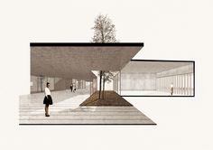 an architectural rendering of a woman walking in front of a building with trees and people