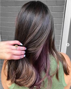 Brown Hair With Peekaboo, Purple Peekaboo Highlights, Brown Hair Trends, Hidden Hair Color, Peekaboo Highlights, Chocolate Brown Hair Color, Chocolate Hair