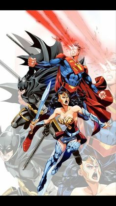 an image of superman and wonder woman in the middle of a group of superheros