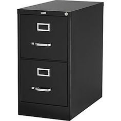 a black filing cabinet with two drawers on the bottom and one drawer in the middle