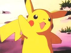 a pikachu is standing in the middle of a cartoon scene with trees and bushes behind it