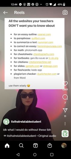 a person wearing sunglasses and a black hoodie is holding up a sign that says, all the website your teachers do not want to know about