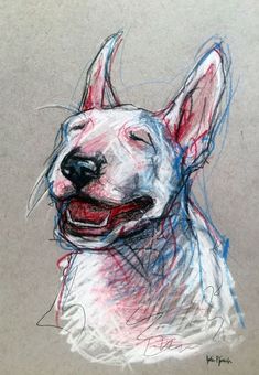 a drawing of a dog with his head tilted to the side and eyes wide open