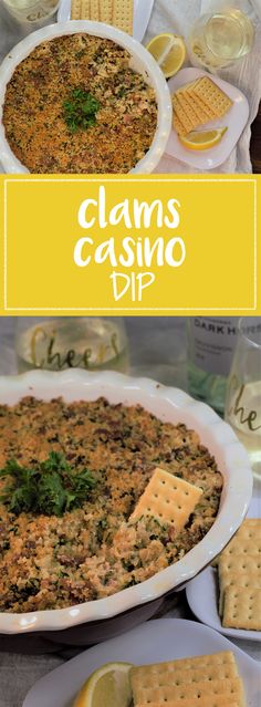 clams casino dip with crackers and lemon wedges