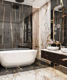 a bathroom with marble walls and flooring in black and gold tones, including a bathtub