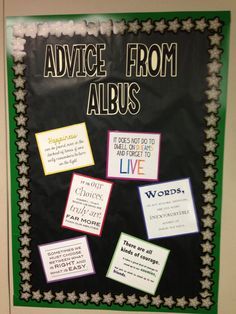 a bulletin board with words and pictures on it that says advice from albuss