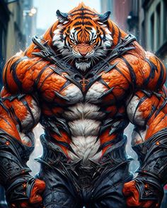 an image of a man dressed as a tiger in the middle of a city street