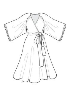 a drawing of a dress with an open front and tie around the waist, on a white background