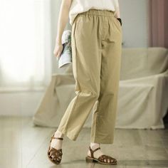 Comfortable, One of Kind. Pants online shop,|Casual|100% Cotton|Solid Color|Full Length|Elastic|Straight Leg|Female|Khaki|S|M|L|XL|XXL|Summer|Hand Wash Khaki Cotton Non-stretch Wide Leg Pants, Comfortable Brown Bottoms For Spring, Casual Brown Harem Pants For Spring, Casual Solid Color Khaki Pants, Relaxed Fit Solid Khaki Pants, Khaki Straight Leg Harem Pants With Elastic Waistband, Casual Beige Wide Leg Pants, Loosely Fitted Hips, Casual Beige Wide Leg Pants For Spring, Casual Brown Pants For Everyday