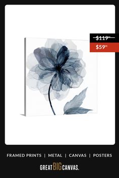 a black and white flower with leaves on it is featured for $ 59 99 framed prints metal canvass / posters great big canvas