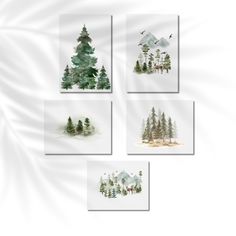 four watercolor paintings of trees and mountains in the snow, on white paper background