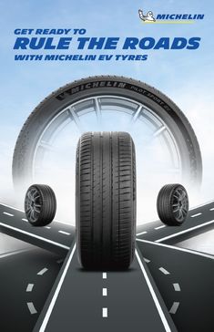 an advertisement for michel tires with two tires on the road and one tire in the middle