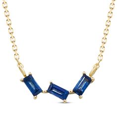 This striking and sumptuous natural blue sapphire necklace from Natural Precious Gemstones by KAY is a look like no other. Crafted in 10K yellow gold Three baguette-cut blue sapphires are set in a scatter pattern The curved pendant suspends centered on an 18-inch cable chain that secures with a lobster clasp Sapphire Necklace With Baguette Cut For Gifts, Sapphire Necklace Baguette Cut For Gift, Sapphire Baguette Cut Necklace For Gift, Blue Baguette Cut Necklaces For Gifts, Yellow Gold Sapphire Jewelry With Baguette Diamonds, Blue Sapphire Necklace, Sapphire Necklace, Natural Blue Sapphire, Baguette Cut