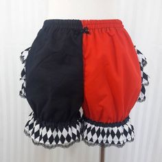 Queen of hearts harlequin fancy ruffle short bloomers adult | Etsy Cute Jester Outfit, Cottagecore Shorts, Clown Bloomers, Jester Neck Ruffle, Playful Ruffled Shorts, Cute Ruffled Short Bloomers, Shorts Pattern Free, Circus Outfits, Cottagecore Fashion