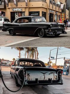 an old car is parked in front of a gas station and the image shows it's side by side